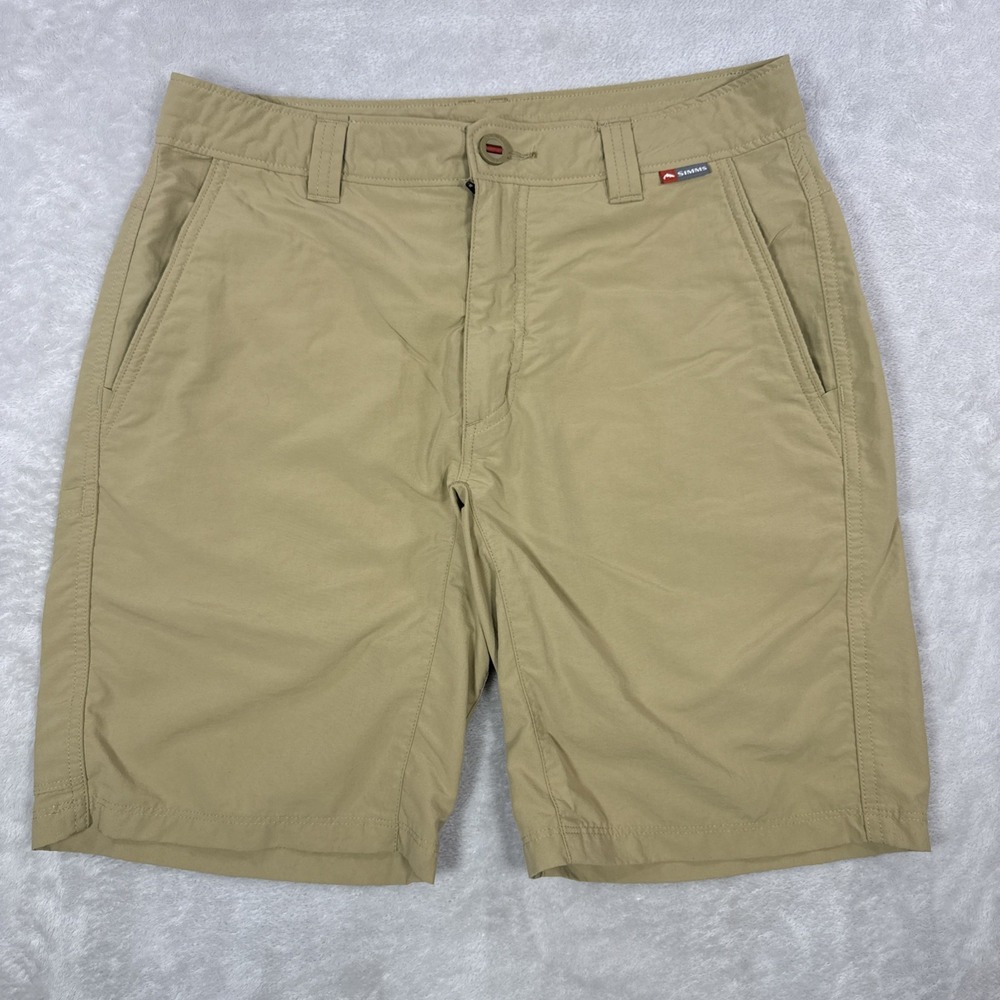 Simms Chino Shorts Mens 30 Beige Nylon Microfiber Flat Front 9" Inseam